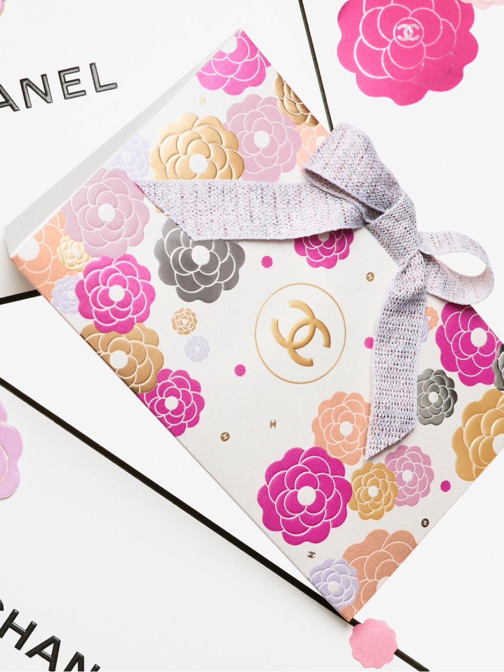 Chanel Beauty Pink Gold Camellia Floral Gift Bag with 2 Chanel Camellia Stickers